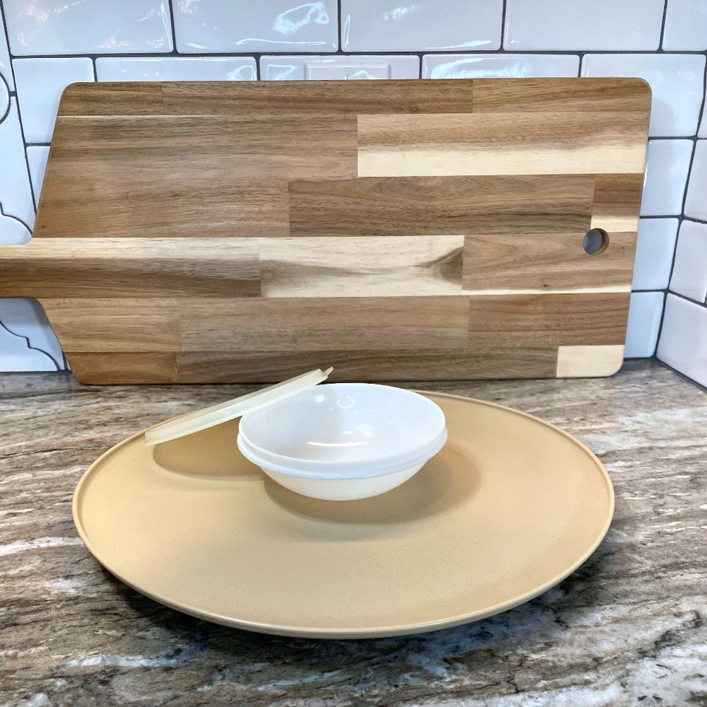 Tupperware Chip Dip 'N Serve Tray with Dip Bowl & Lid Tan & Sheer #492 - Vintage